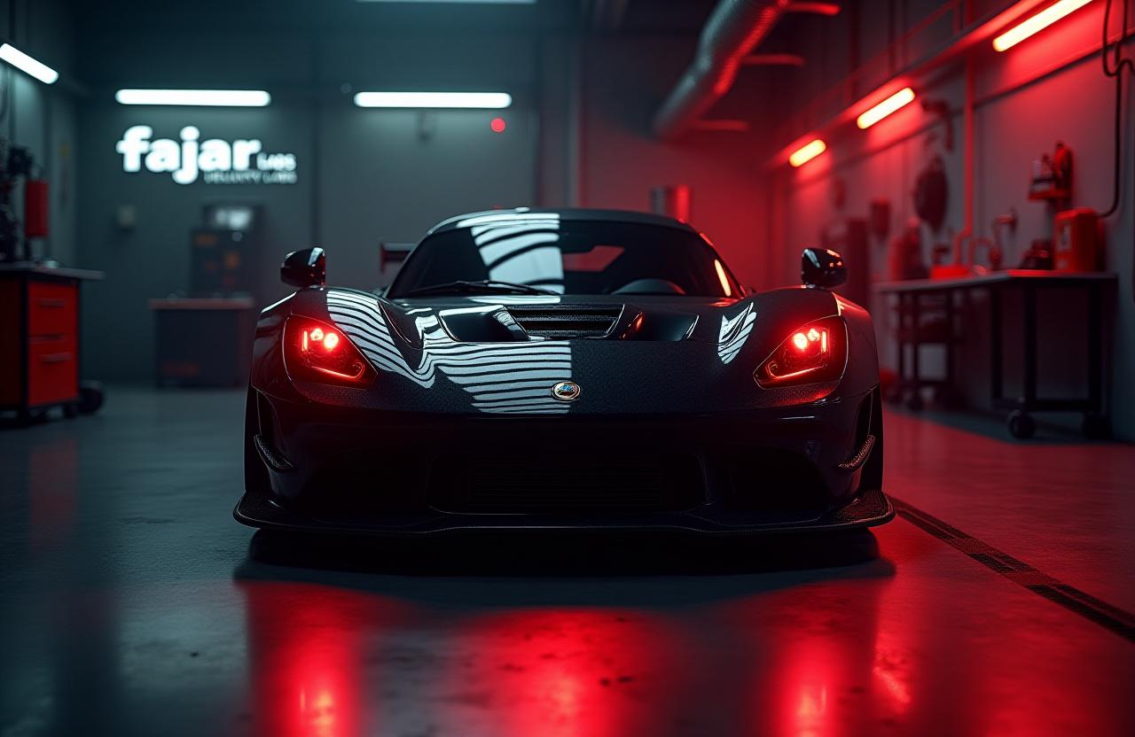 Mobil sport dimodifikasi di garasi Fajar Velocity Labs dengan pencahayaan neon