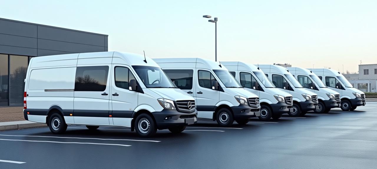 A line of clean commercial white vans parked in a row.