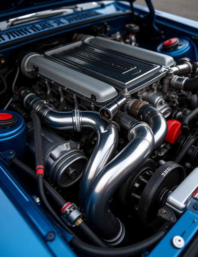 Detail mesin RB26 dengan pipa intercooler custom metalik