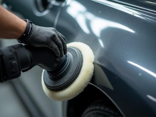 Buffing machine removing swirl marks from car paint.